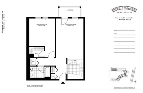 P1 - 1BR 1BA (789 SF) Floor Plan at Pier Village Apartments, Long Branch, NJ, 07740